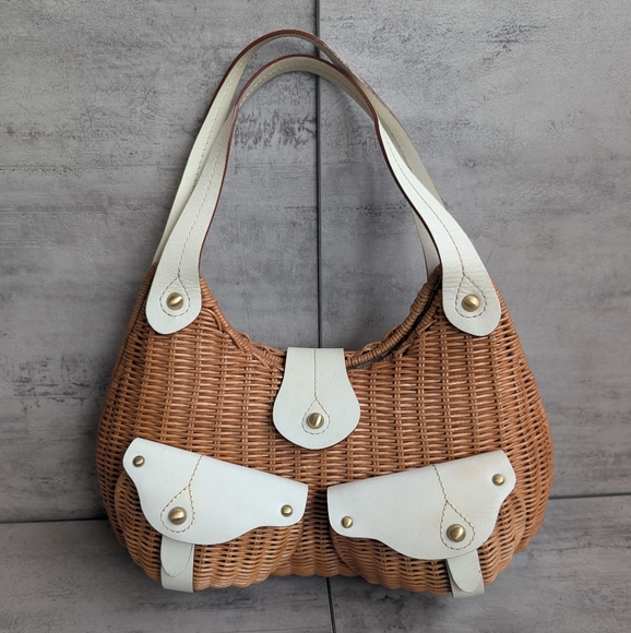 Savoy Handbags - Savoy Anthropologie Woven Tan and White Woven Wicker Picnic Purse Handbag